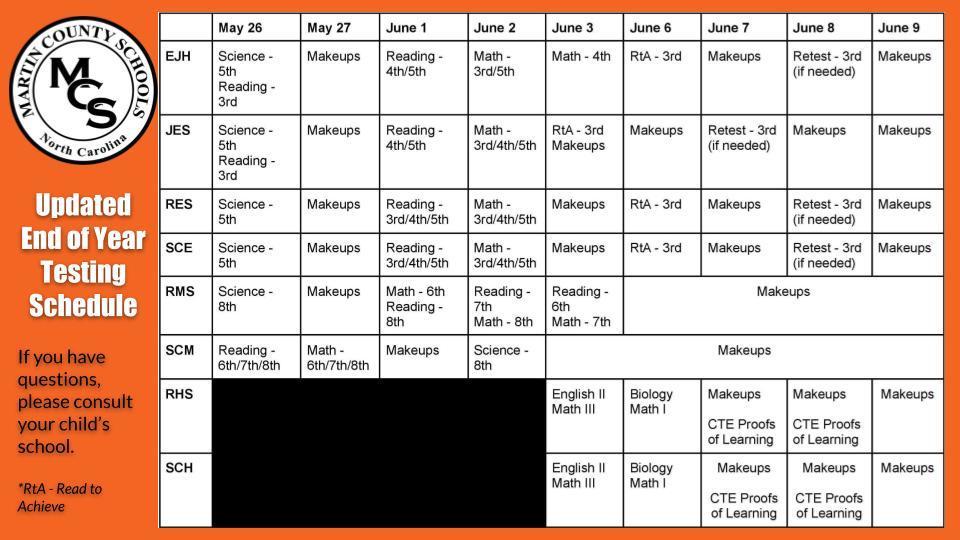 End Of Year Testing Schedule Riverside Middle School