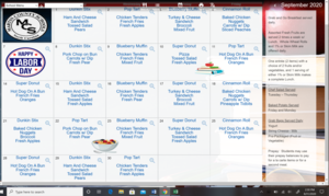 Breakfast/Lunch Menu for September 2020
